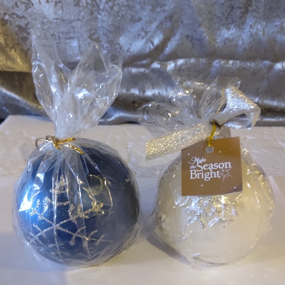 Lot of Two Holiday Blue White Ornament Candles Silver Accent